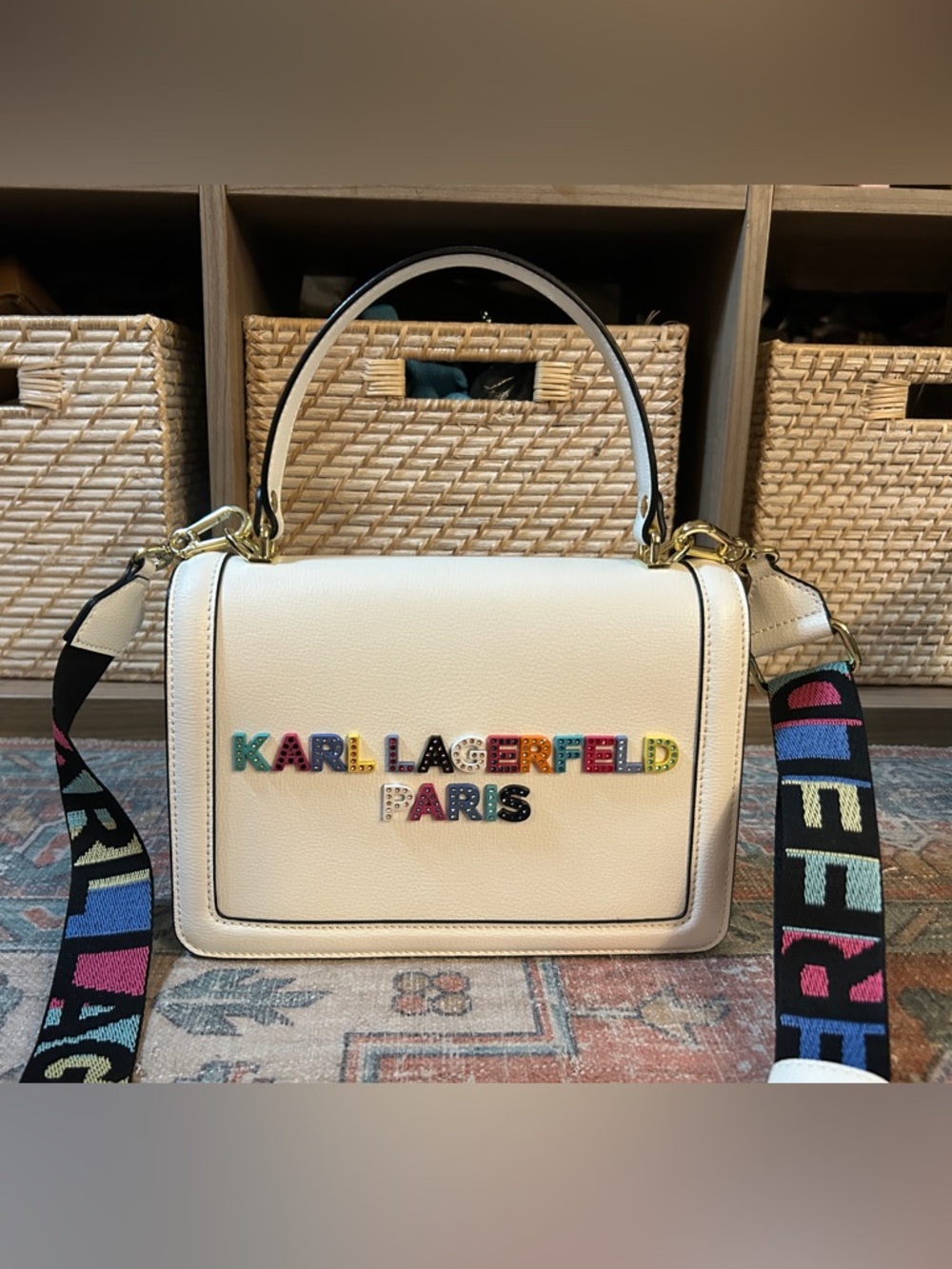 KARL LAGERFELD Legacy Simone White Crossbody Bag Top Handle Color Logo LIKE NEW - Picture 8 of 16